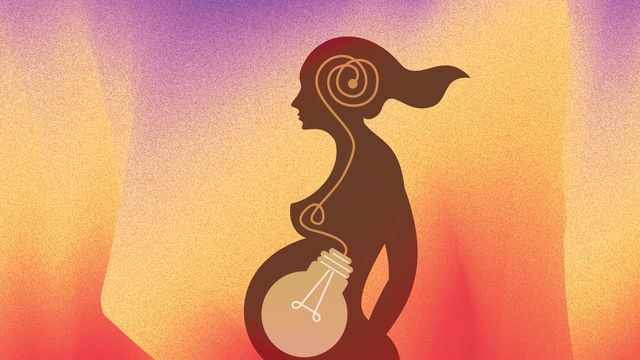 Illustration of a pregnant woman with a lightbulb inside the womb, representing pregnancy and fetal development. 