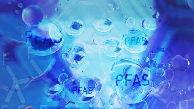 PFAS chemical compounds inside water bubbles, illustrating PFAS contamination in water. 