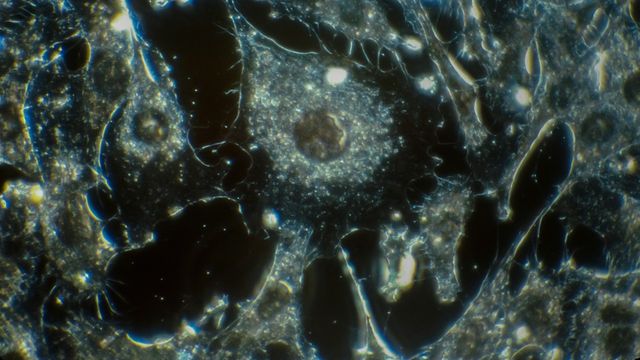 Microscopic image of cancer cells showing irregular cellular structures and nuclei. 