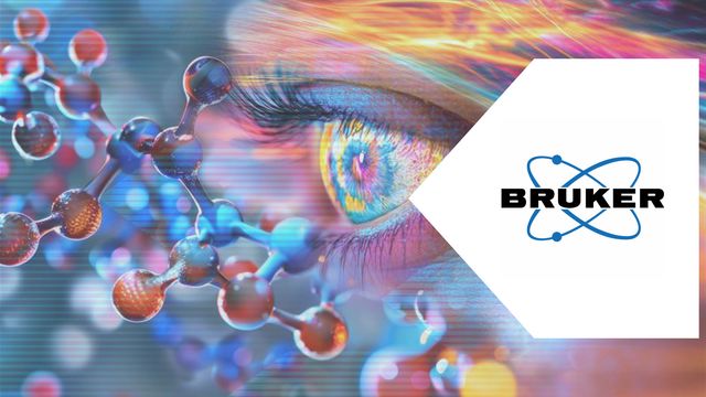 Colorful eye and molecular structures illustrating metabolomics research with Bruker logo. 