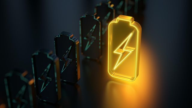Illustration of an illuminated battery next to a line of black batteries. The batteries have lightening symbols on their centers.   