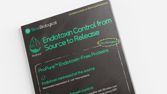 Poster from Sino Biological on “Endotoxin Control from Source to Release,” highlighting ProPure endotoxin-free protein production 