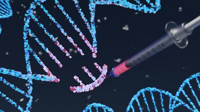 Illustration of a needle injecting a substance into a DNA helix. The DNA is blue and is floating on a black background. 