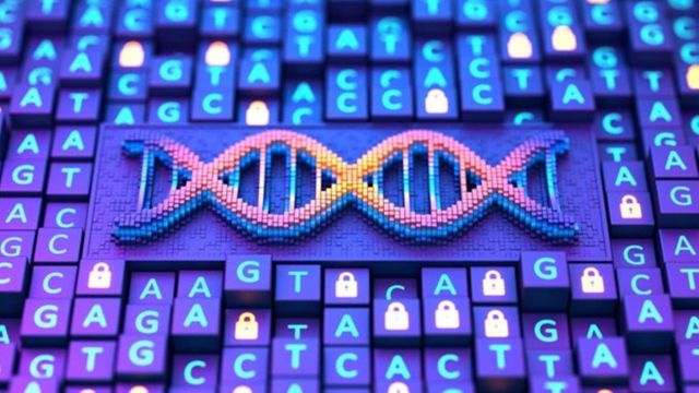 DNA helix illustration with genetic code blocks and data encryption symbols in background. 