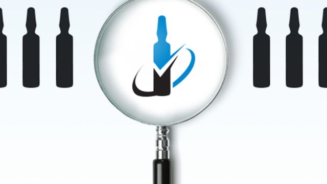 Illustration of a magnifying glass focusing on a vial among rows of sample containers. 