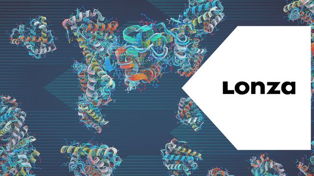 Abstract blue scientific background with protein structures over a world map, representing global cell culture research. 