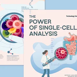Scientist with magnifying glass looking at cells