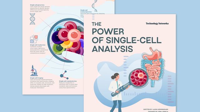 Scientist with magnifying glass looking at cells 