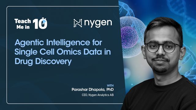 Parashar Dhapola smiling next to the title of his presentation "Agentic Intelligence for Single Cell Omics Data in Drug Discovery." 