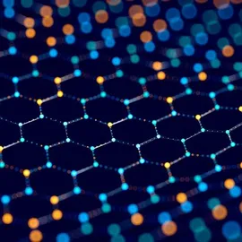 Small molecule network illustration with hexagonal lattice and glowing nodes.
