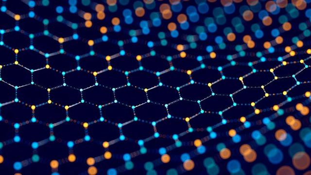 Small molecule network illustration with hexagonal lattice and glowing nodes. 