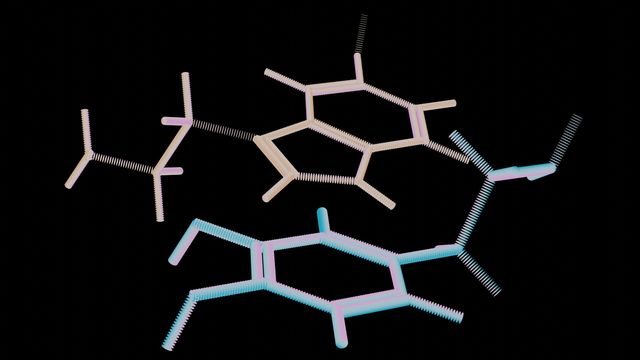 Serotonin and dopamine molecular structures illustrated in blue and pink on a dark background. 