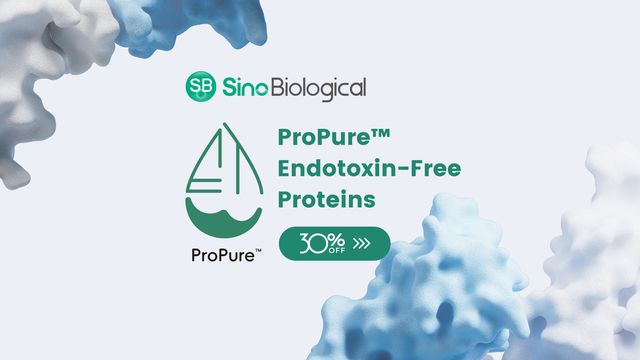 Sino Biological ad for ProPure™ endotoxin-free proteins, featuring abstract protein shapes and a 30% off offer 