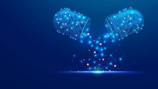 Illustration of a futuristic looking drug capsule split in half with dots falling out. The capsule is light blue and is on a dark blue background.  