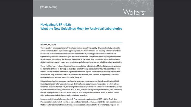 White paper cover from Waters titled “Navigating USP <1221>” with introduction text on analytical laboratory guidelines 