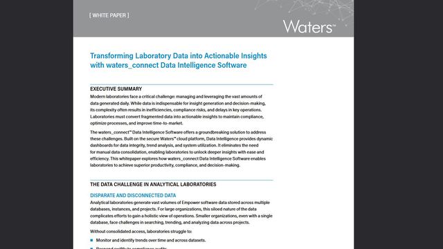 White paper page from Waters on transforming laboratory data into actionable insights using waters_connect data intelligence software 
