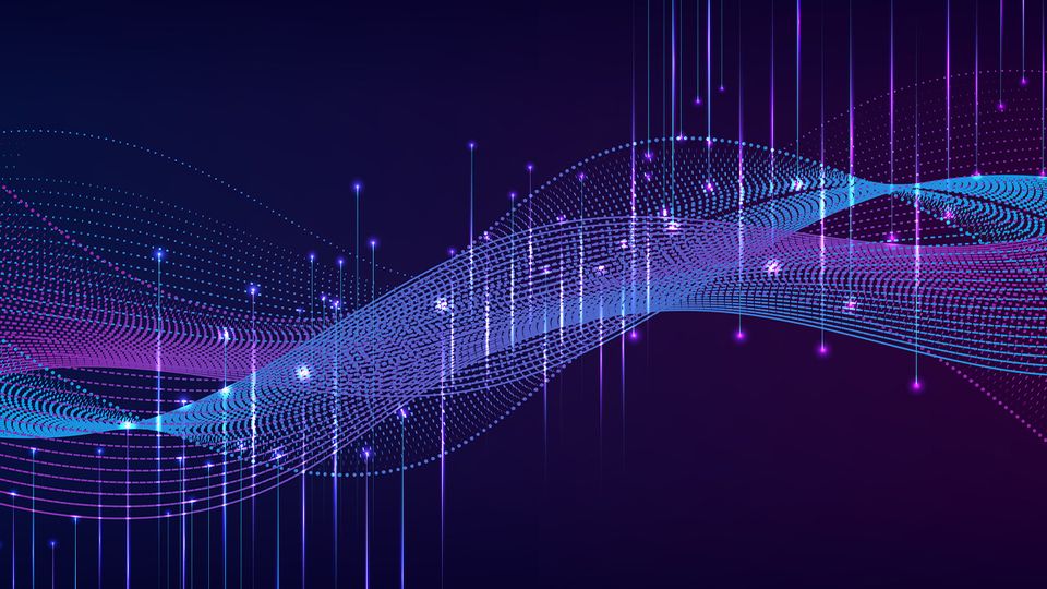 Abstract neon wave of blue and purple dots and lines flowing across a dark background, resembling digital data streams.