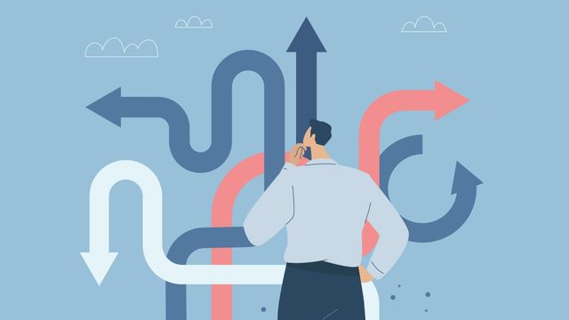 Illustration of a person evaluating multiple arrows, representing scaling UF/DF processes. 