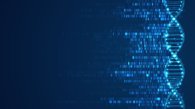 DNA double helix structure running vertically against a pixel-like, blue background. 