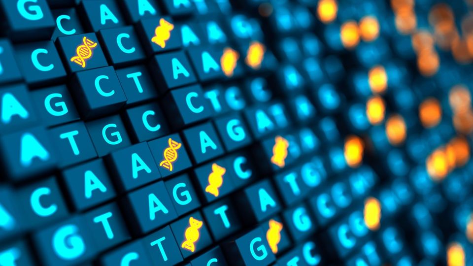 Assortment of black square tiles with a blue letter A, C, G, or T, or orange DNA helix in them. 