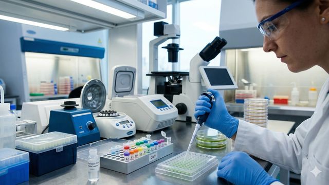 Female scientist performing CRISPR-based screening and target validation in a high-throughput drug discovery laboratory. 