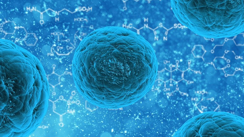 3D illustration of blue human cells with textured surfaces overlaid on molecular structures.