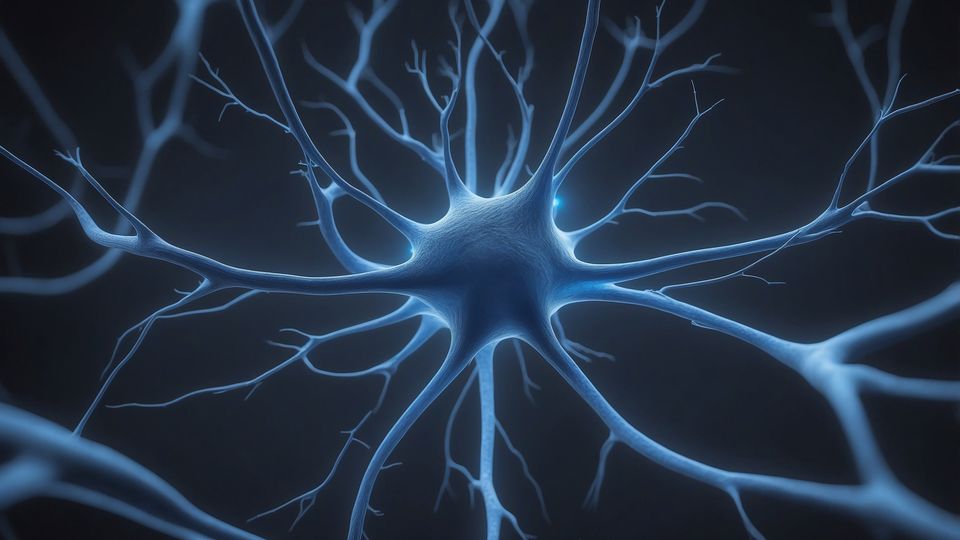 Neuron cell illustration with branching dendrites on a dark background.