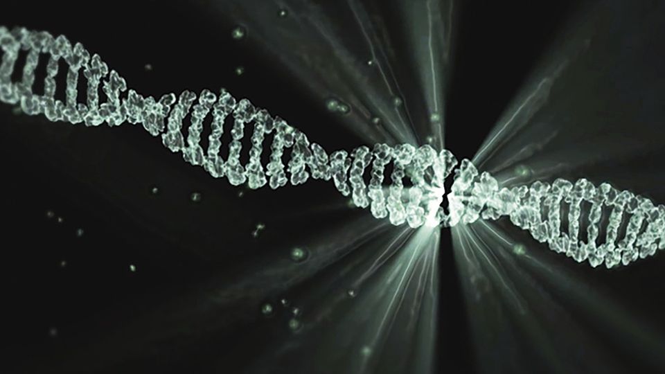 DNA double helix with glowing strand break.