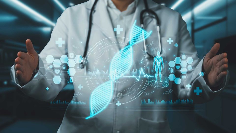 A scientist in a lab coat holding a hologram of a DNA double helix and an outline of a person with various health icons.