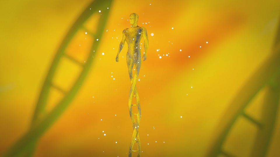 A figure of a person against a yellow background with DNA double helixes, representing genomics.