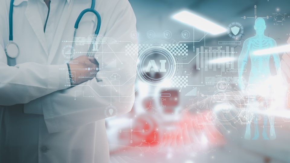 Doctor in a white coat with a stethoscope around his neck. In the background are a range of healthcare and AI icons.