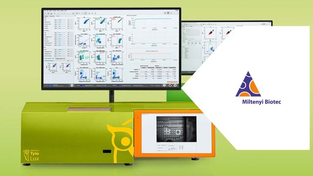 Flow cytometry software dashboard displaying cell population scatter plots and data analysis panels. 