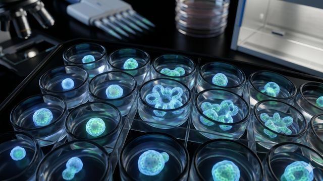 Luminescent 3D human organoids in hydrogel within a laboratory microtiter plate. 