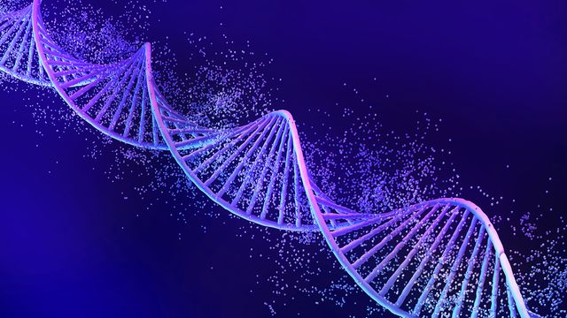 3D rendering of a double-helix DNA strand, surrounded by particles 