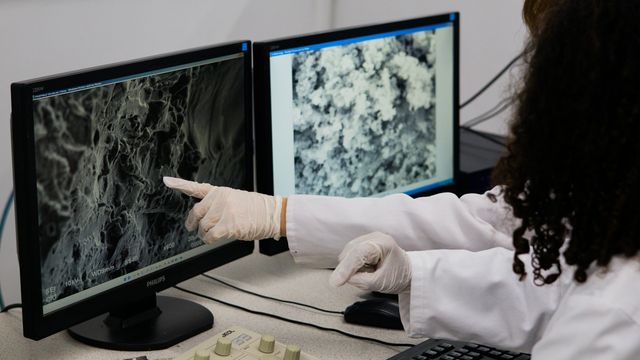 Researcher analyzing microscopic images on computer screens in a laboratory setting. 