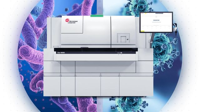 Beckman Coulter DxI 9000 immunoassay analyzer with touchscreen in clinical diagnostics lab. 
