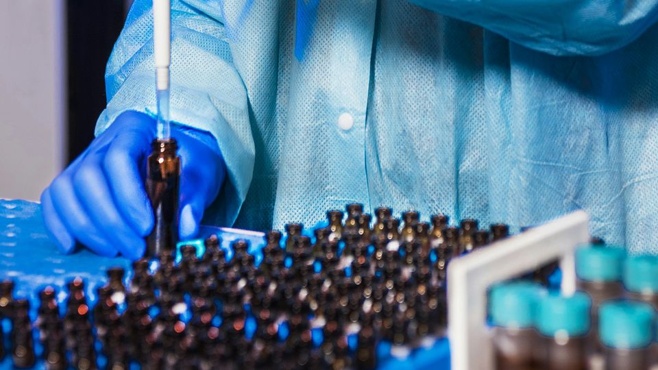Gloved hand using a pipette to transfer liquid from one large, dark-glassed vial into multiple small containers.