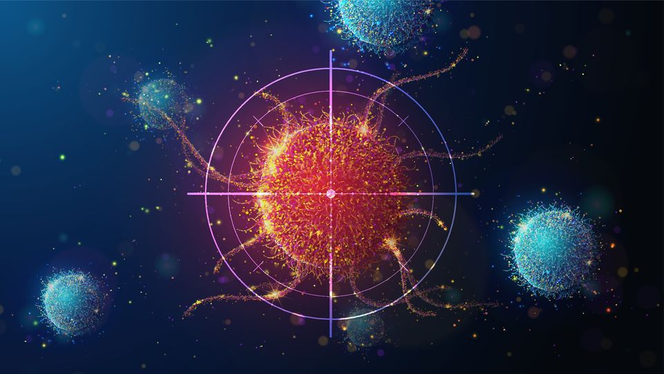Orange cancer cell floating on a dark blue background, surrounded by blue immune cells. There is a target placed over the cancer cell.