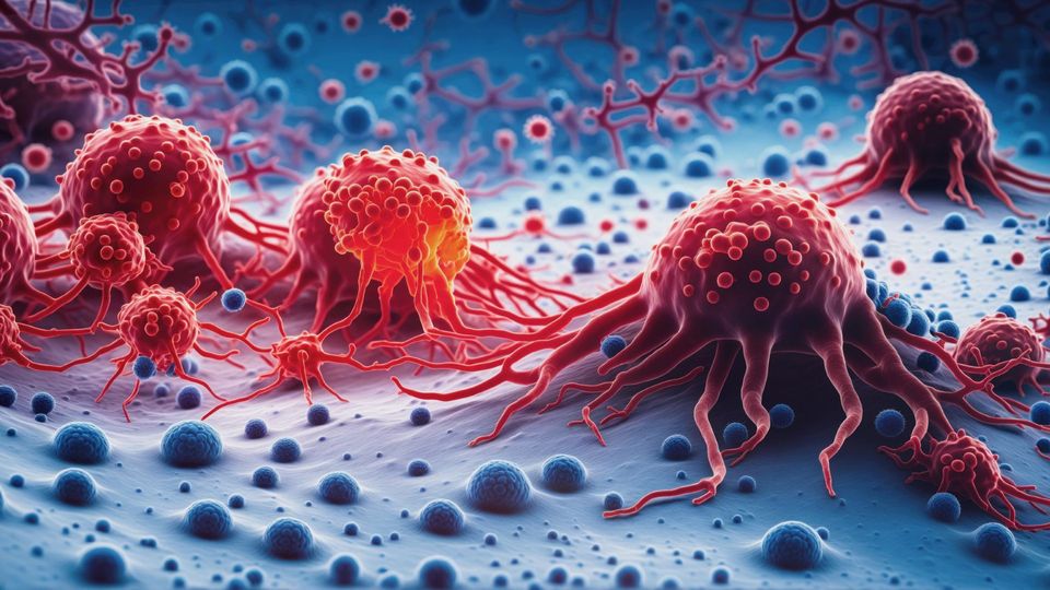 Illustration of cancer cells spreading and interacting within tissue microenvironment.