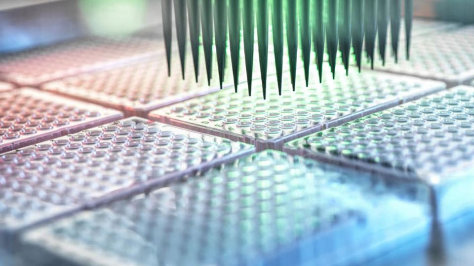 Automated liquid handling system pipetting samples in microplates for screening.
