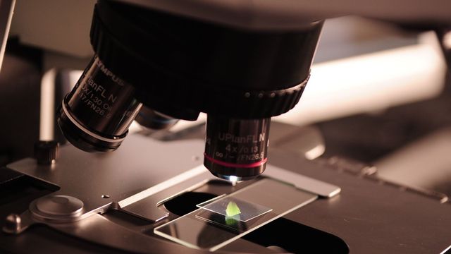 Close-up of a microscope analyzing a slide with a small green sample specimen. 