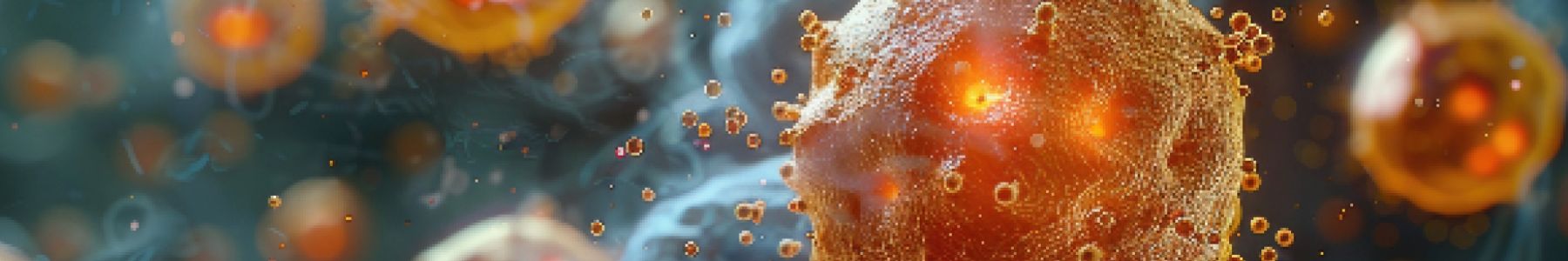 Close-up illustration of cellular structures with glowing particles, representing biomarkers in medical research. 
