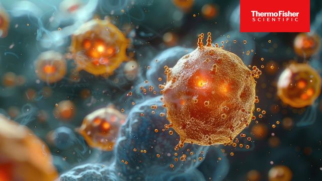 Close-up illustration of cellular structures with glowing particles, representing biomarkers in medical research. 