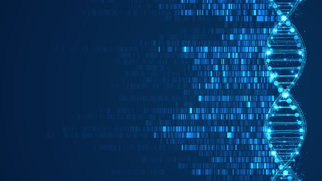 Glowing double-helix DNA strand with digital barcode spreading horizontally on a dark blue background. 