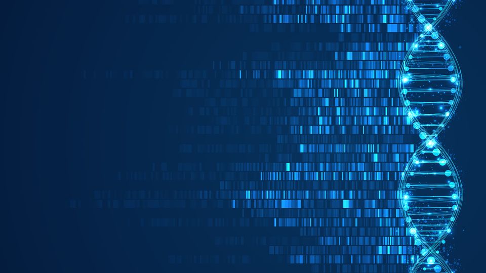 Glowing double-helix DNA strand with digital barcode spreading horizontally on a dark blue background.