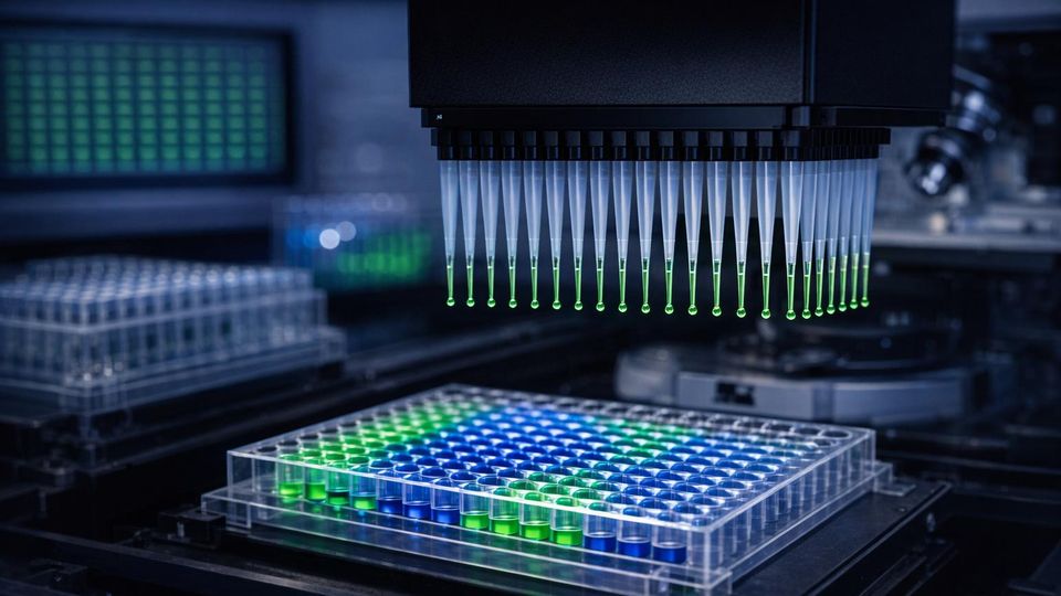 A multi-channel pipette containing fluorescent liquid hovers over a multi-well plate.