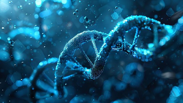 Abstract blue DNA helix with glowing particles in a futuristic genetic science illustration. 
