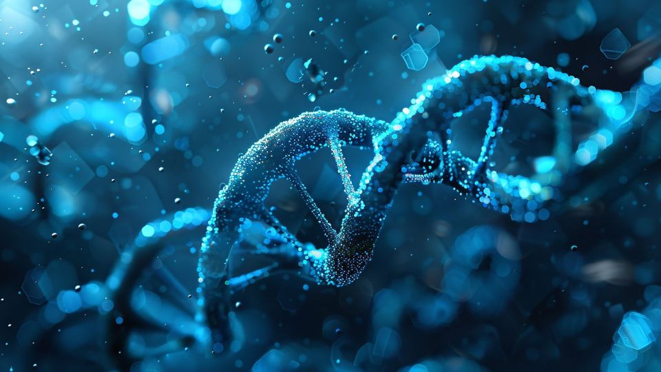 Abstract blue DNA helix with glowing particles in a futuristic genetic science illustration.
