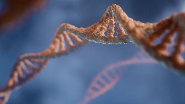 Close-up 3D DNA helix structure with detailed strands. 