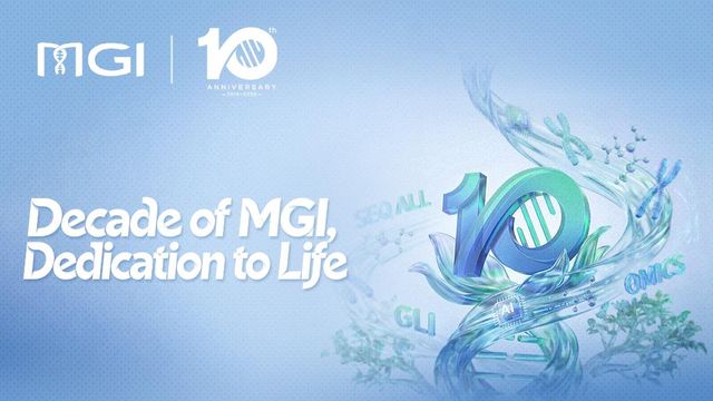 MGI 10th anniversary graphic with DNA motif and text reading “Decade of MGI, Dedication to Life.” 